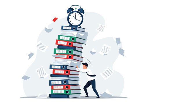 Stressed businessman trying to hold up a giant stack of office folders under intense pressure of a looming deadline.