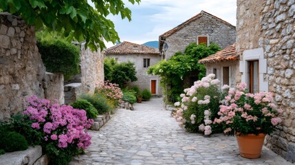 Pocitelj cobblestone street with blooming flowers and ancient stone houses