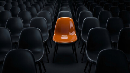 Obraz premium Orange chair stands out among black chairs in dark room, hiring or choice concept.