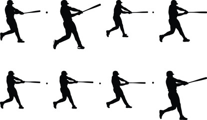 Naklejka premium A baseball player's silhouette captured in mid-swing, illustrating the progression of the hitting motion with a ball in flight.