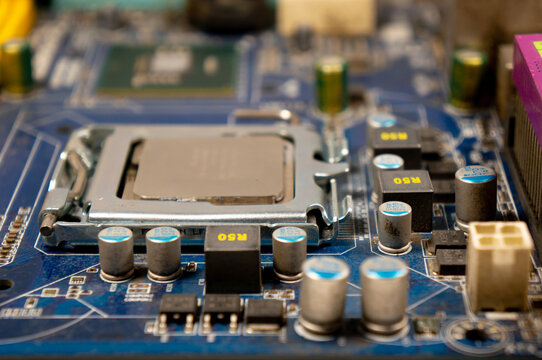 Close-up of part of the motherboard and the processor on the board