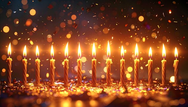 Night birthday celebration with sparkling candles, glowing lights, confetti flying