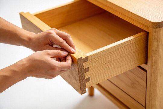 Hands opening wooden drawer