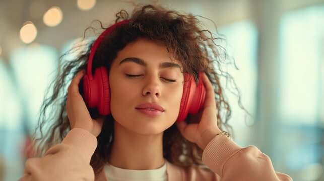 Woman with curly hair closing eyes listening to music through red headphones