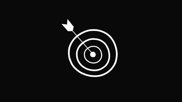 Hand drawn target icon animation with arrow hitting center representing success, focus and goal achievement concept on dark background in 4K