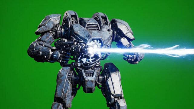Heavy Sci-Fi Battle Mech Robot Standing on Green Screen Background