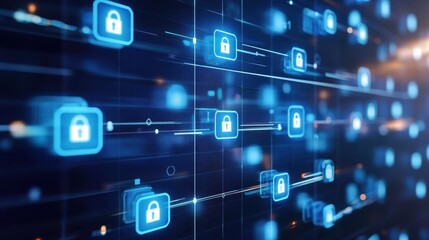 Fototapeta premium Digital network illustrating secure data connections with glowing lock icons and futuristic lighting