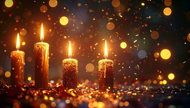 Night birthday celebration with sparkling candles, glowing lights, confetti flying