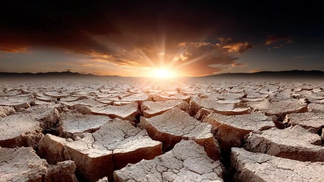 Drought Landscape with Cracked Earth and Stunning Sunset View