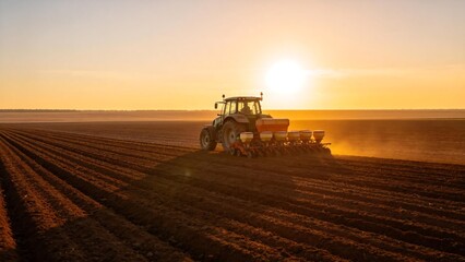 Fototapeta premium Tractor sowing seeds in a vast field at sunset, symbolizing grain supply chain restoration and industrial growth.