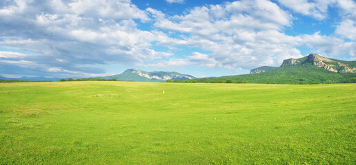 Wide vista of vibrant green fields and majestic mountain ranges, ideal for background for travel and environmental themes. © GIS