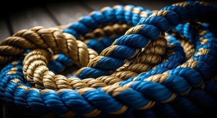 Obraz premium Vibrant blue and gold ropes intertwined in a sturdy knot