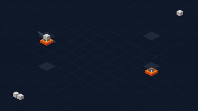 Minimalist Isometric Dark Blue Grid Background with Abstract Cubes