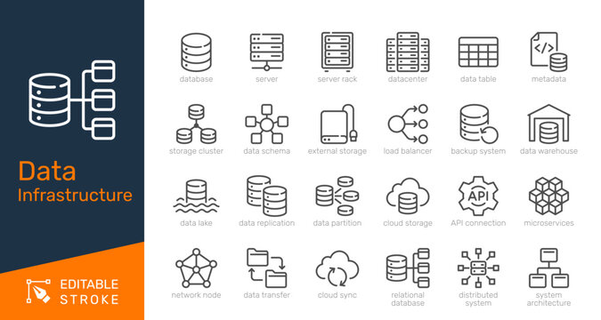 Data infrastructure thin line icon collection for database, cloud storage, server and network architecture concept. Editable stroke. Pixel perfect.