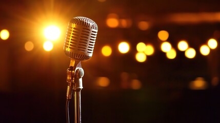 gig. A vintage microphone under a dramatic spotlight on a dark stage, evoking a nostalgic concert vibe. event programs, museum guides, designed for cultural heritage projects and event programs.