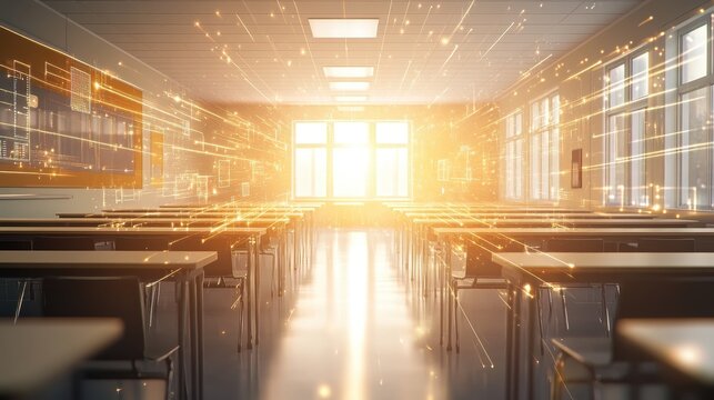 Modern digital classroom illuminated by bright sunlight, showcasing the integration of technology for advanced learning and connectivity