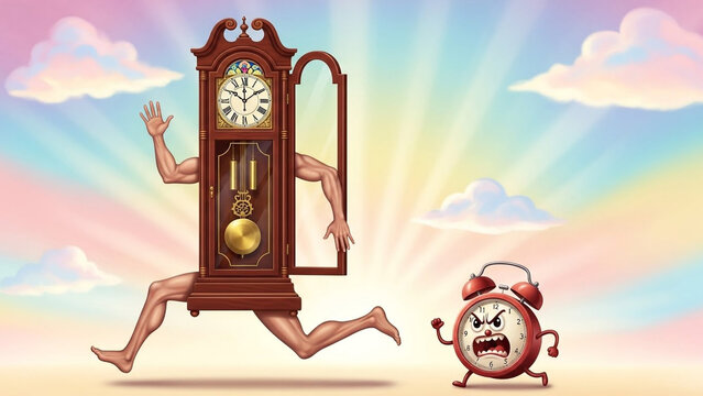 Person trapped in grandfather clock running away from angry alarm clock in a vibrant sky
