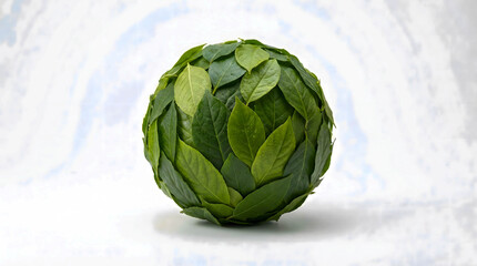 Obraz premium Creative ball made of green leaves placed on a light background during daylight hours