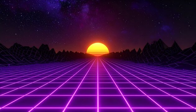 Retro grid landscape with neon sun and starry sky