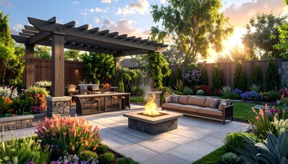 Obraz premium Beautiful outdoor living space with a fire pit and seating area