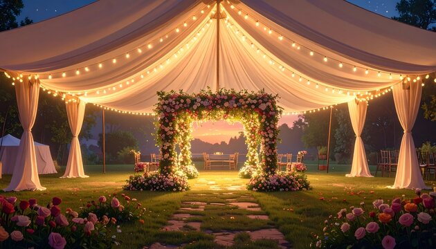 Outdoor event space decorated with floral arch and string lights