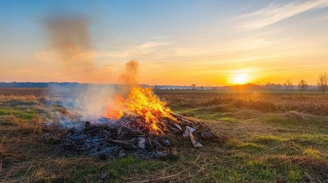 Vibrant flames and smoke from burning refuse illuminated by a dramatic sunset over a rural field