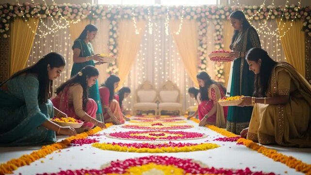 Women Arranging Flower Petals for Event Decoration Preparation Indoors