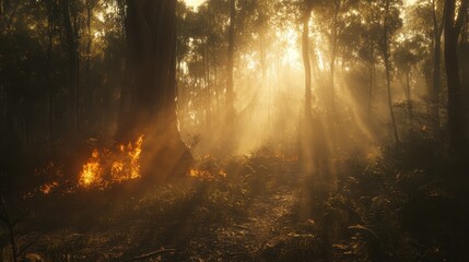 Obraz premium Wildfire consuming a sun-drenched forest, showcasing the devastating impact of climate change
