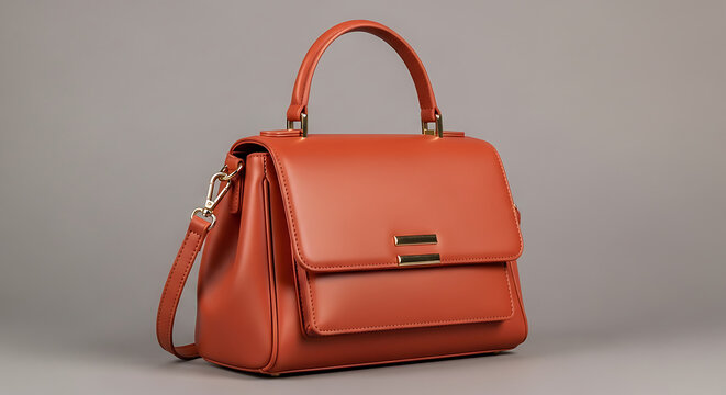 Elegant stylish female accessory leather purse vibrant burnt orange terracotta hue minimalist modern design contemporary fashion item isolated on neutral grey studio backdrop surface.