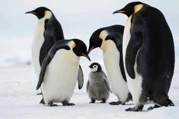 Obraz premium Group of emperor penguins with a chick standing on snowy terrain