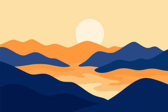 blue orange mountain view nature early morning sunrise landscape background flat color vector illustration template design