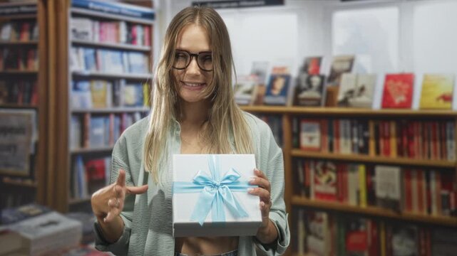 Woman holding a white gift box tied with a blue ribbon in a bookstore building, hand to forehead gesture and presenting the package while smiling; happiness celebration.