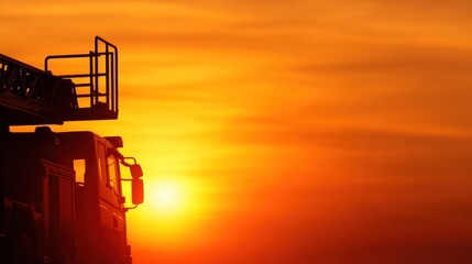 A silhouette of a fire truck against a vibrant orange sunset, creating a striking contrast