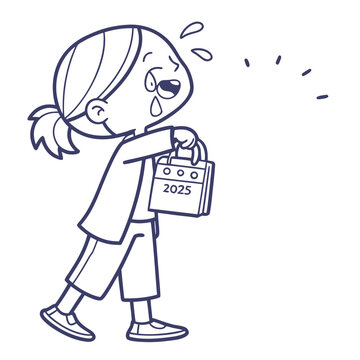 Child cries while holding a calendar year.