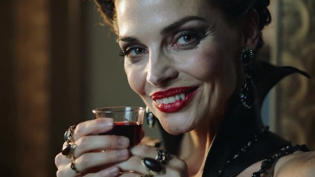 Close-up pf fanged vampire woman with red lipstick and rings smiling mysteriously, holding small glass of dark red blood in warm, dimly lit room
