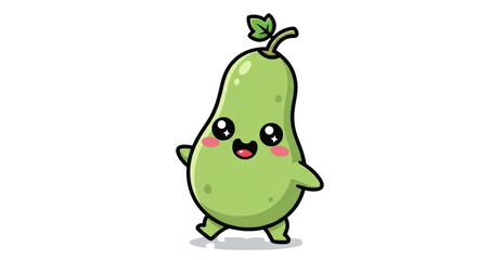 Fototapeta premium Cute green pear fruit cartoon character illustration with happy face and small arms and legs walking on a white background, perfect for children's designs and healthy eating concepts
