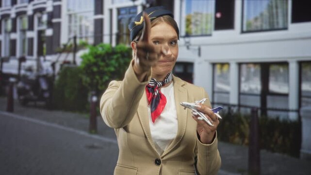 Woman flight attendant in beige jacket and navy cap touches cap then points finger while holding a toy airplane on a paved street near buildings; confidence travel nostalgia.
