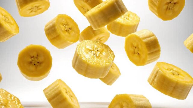 Fresh yellow banana slices falling and floating against a clean white background