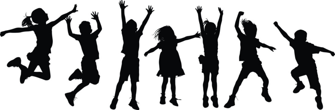 Set of Happy Children Silhouettes Jumping and Playing, Diverse Group of Active Kids Cheering and Dancing for Joyful Childhood Designs,