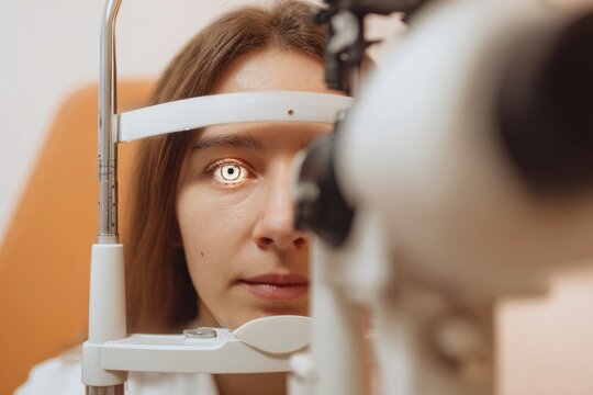 Young Female Patient Undergoing Eye Examination with Slit Lamp Biomicroscope for Vision Health Diagnosis in Ophthalmology Clinic with Copy Space