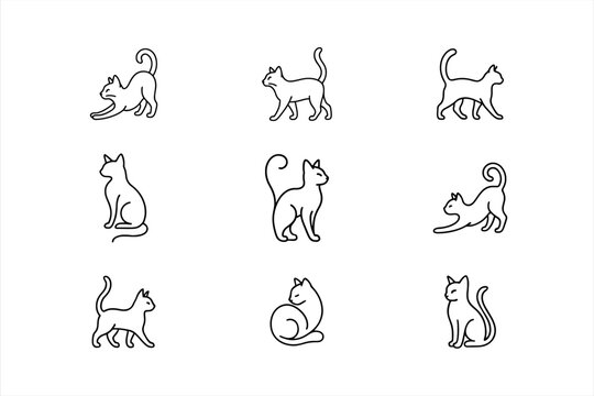 Collection of nine minimalist cat icons in various poses vector illustration