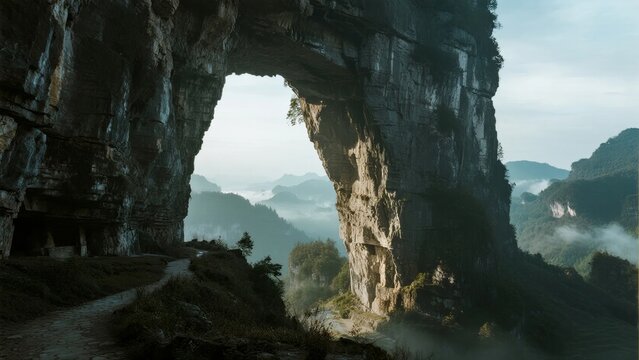 Natural rock arch formation in a mountainous landscape with misty valleys and winding path