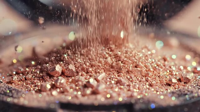 Cosmetic powder falling from above into makeup palette, macro view of rose gold pigment particles cascading, beauty pan creating sparkling luxury texture for premium cosmetics advertising and branding