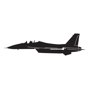 Silhouette of a military fighter jet plane flying in the air  side view  isolated on white background