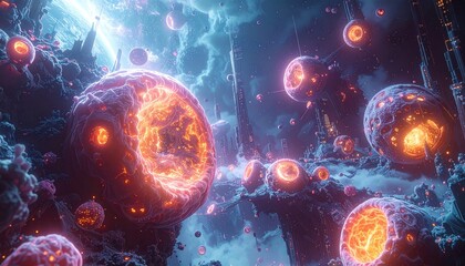 Obraz premium Glowing orbs float in a futuristic, otherworldly landscape, vibrant colors