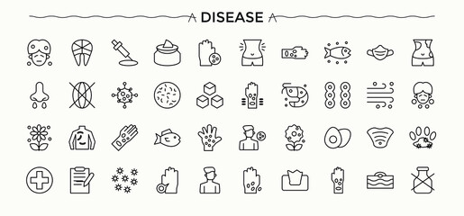 Disease linear icon collection. Related to treatment, sick, infection, allergy, pain and more. Illness modern icon set. Modern vector illustration. Art and illustration.