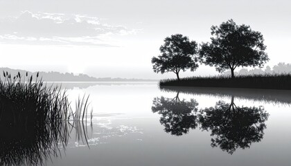 Naklejka premium Serene grayscale landscape, lake with trees reflected in calm water