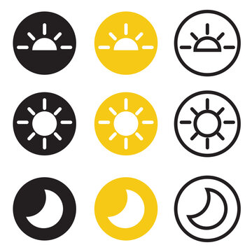 Time of Day icon. Minimal vector icon set showing sunrise, midday, sunset and midnight with sun and moon symbols in solid, colour and outline styles.