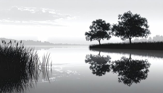 Serene grayscale landscape, lake with trees reflected in calm water