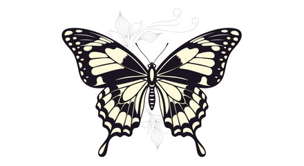 Obraz premium Beautiful monarch butterfly with detailed black and cream wing patterns rests against a light floral background in an elegant nature illustration.